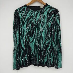 Oleg Cassini Silk Sequin Beaded Long Sleeve Floral Top‎ Size Small Green & Black